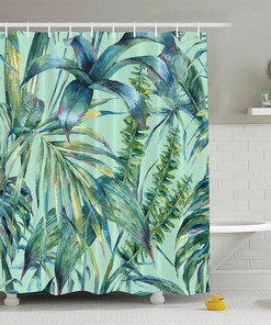 Palm Leaf Shower Curtain With Green Leaves For A Tropical Bathroom Decor 