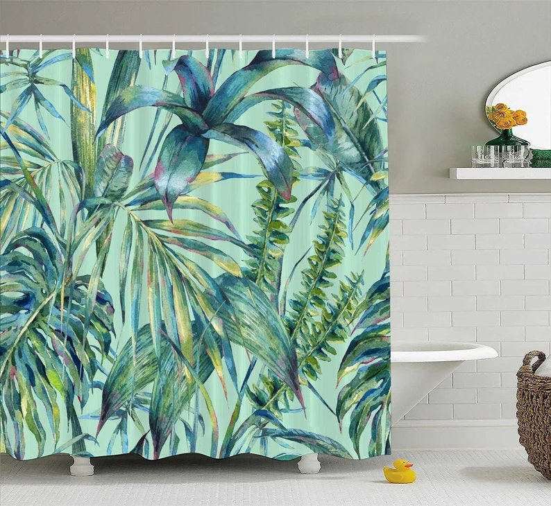 Palm Leaf Shower Curtain With Green Leaves For A Tropical Bathroom Decor