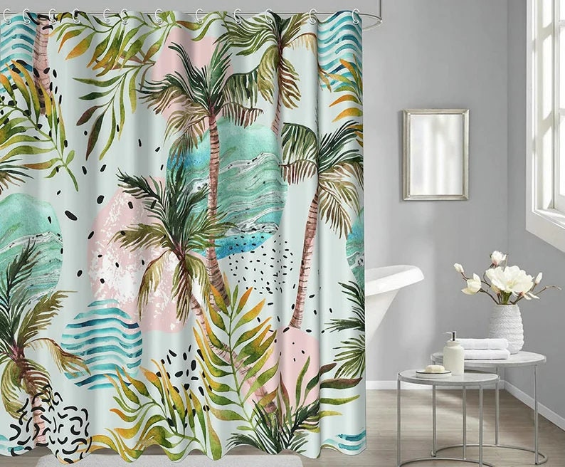 Palm Leaf Shower Curtain With Green Leaves For A Tropical Bathroom Decor