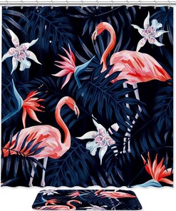 Palm Leaf and Flamingo Print Shower Curtain Set with Machine Washable Fabric