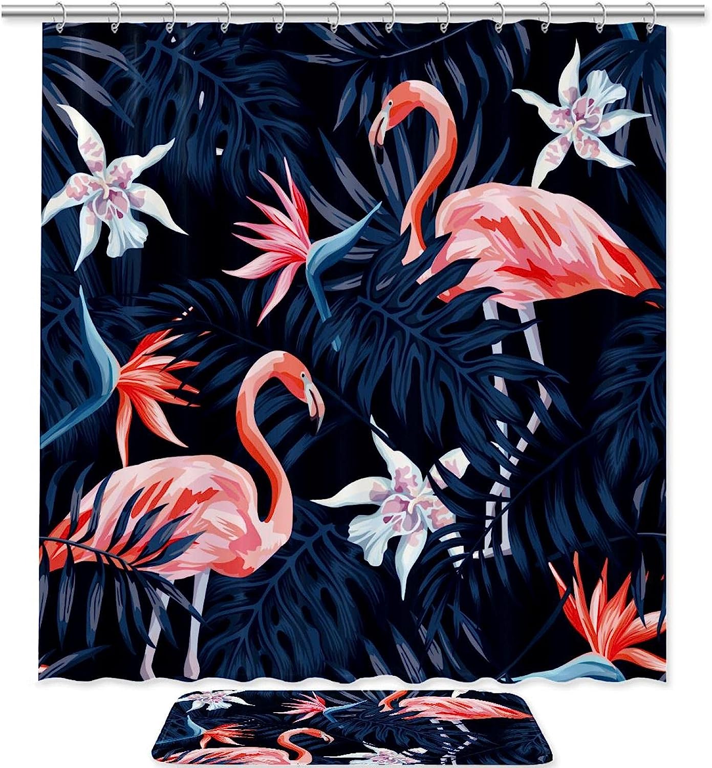 Palm Leaf and Flamingo Print Shower Curtain Set with Machine Washable Fabric
