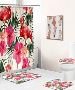Palm Leaves And Flamingo Animal Shower Curtain, Artistic Touch For Tropical Bathroom Decor