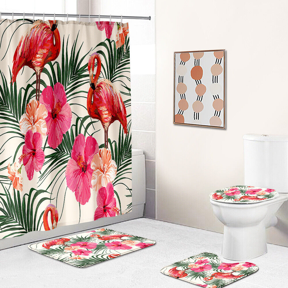 Palm Leaves And Flamingo Animal Shower Curtain, Artistic Touch For Tropical Bathroom Decor