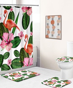Palm Leaves And Flamingo Shower Curtain Set With Toilet Seat Cover And Bath Mat, Tropical Bathroom Decor