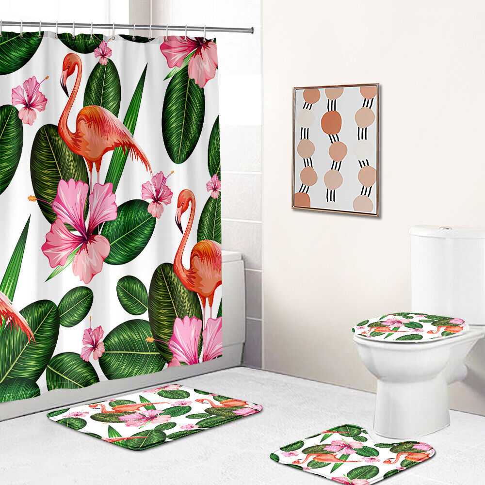 Palm Leaves And Flamingo Shower Curtain Set With Toilet Seat Cover And Bath Mat, Tropical Bathroom Decor