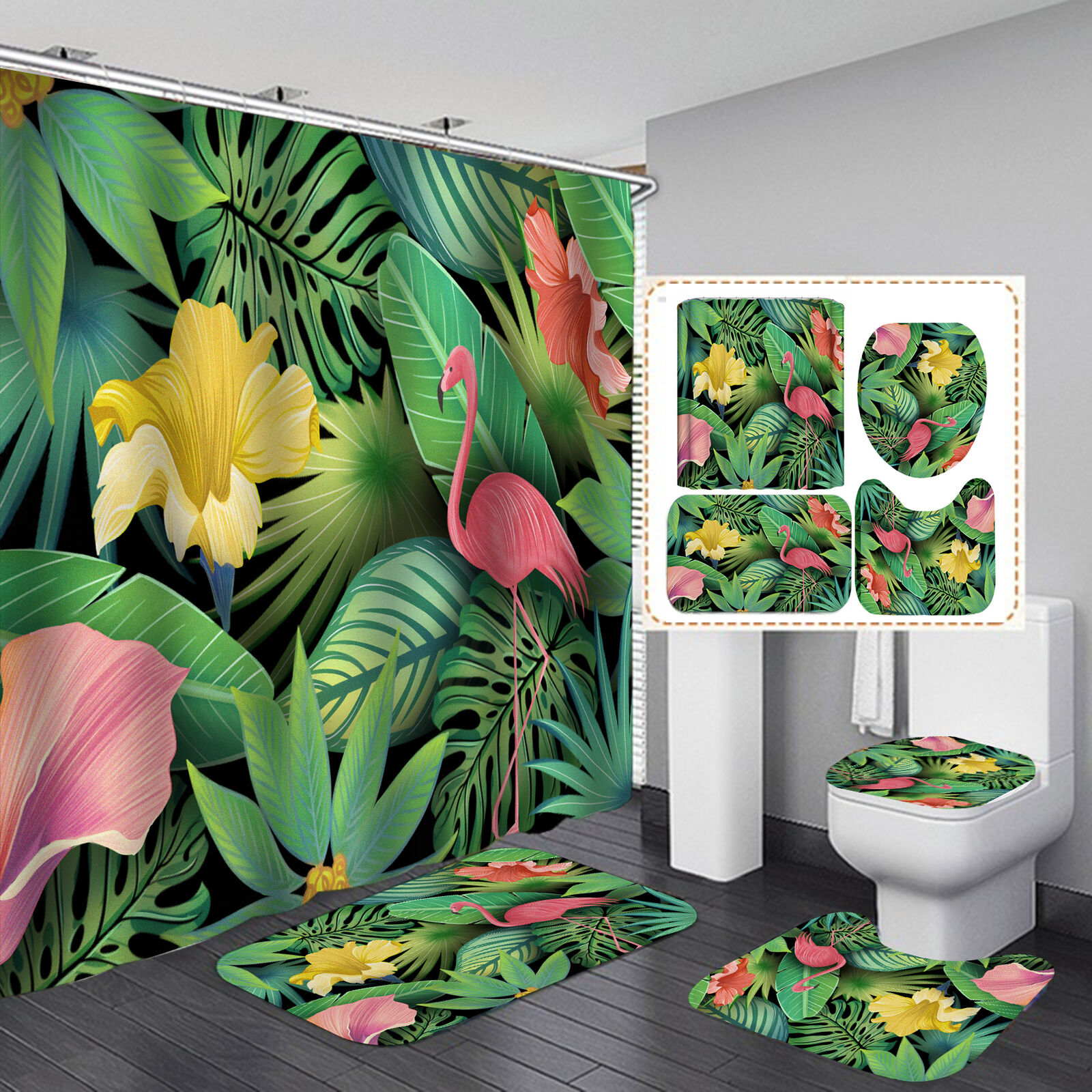 Palm Leaves And Flowers Shower Curtain, Tropical Beach Bathroom Decor