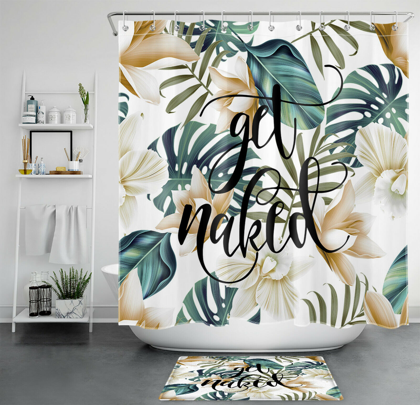 Palm Leaves And Flowers Shower Curtain With Unique Tropical Prints, Cute Bathroom Decor Idea