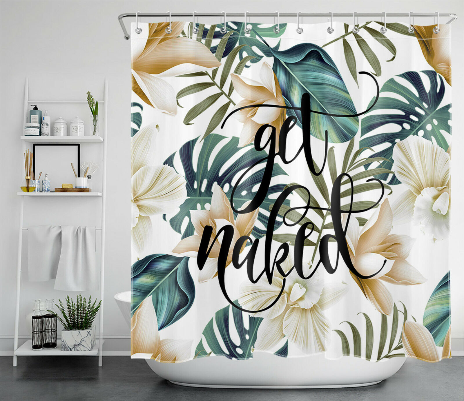 Palm Leaves And Flowers Shower Curtain With Unique Tropical Prints, Cute Bathroom Decor Idea