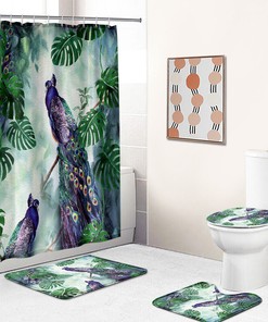 Palm Leaves And Peacock Animal Shower Curtain, Exotic Bathroom Decor With Nature-Inspired Print