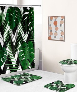 Palm Leaves And Stripes Shower Curtain, Modern Bathroom Decor With Artistic Touch