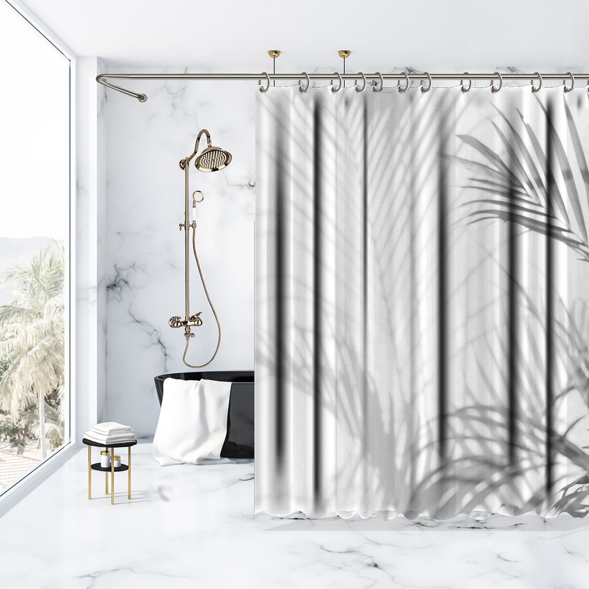 Palm Leaves Print Shower Curtain, Shadow Waterproof Fabric for Bathroom Decor