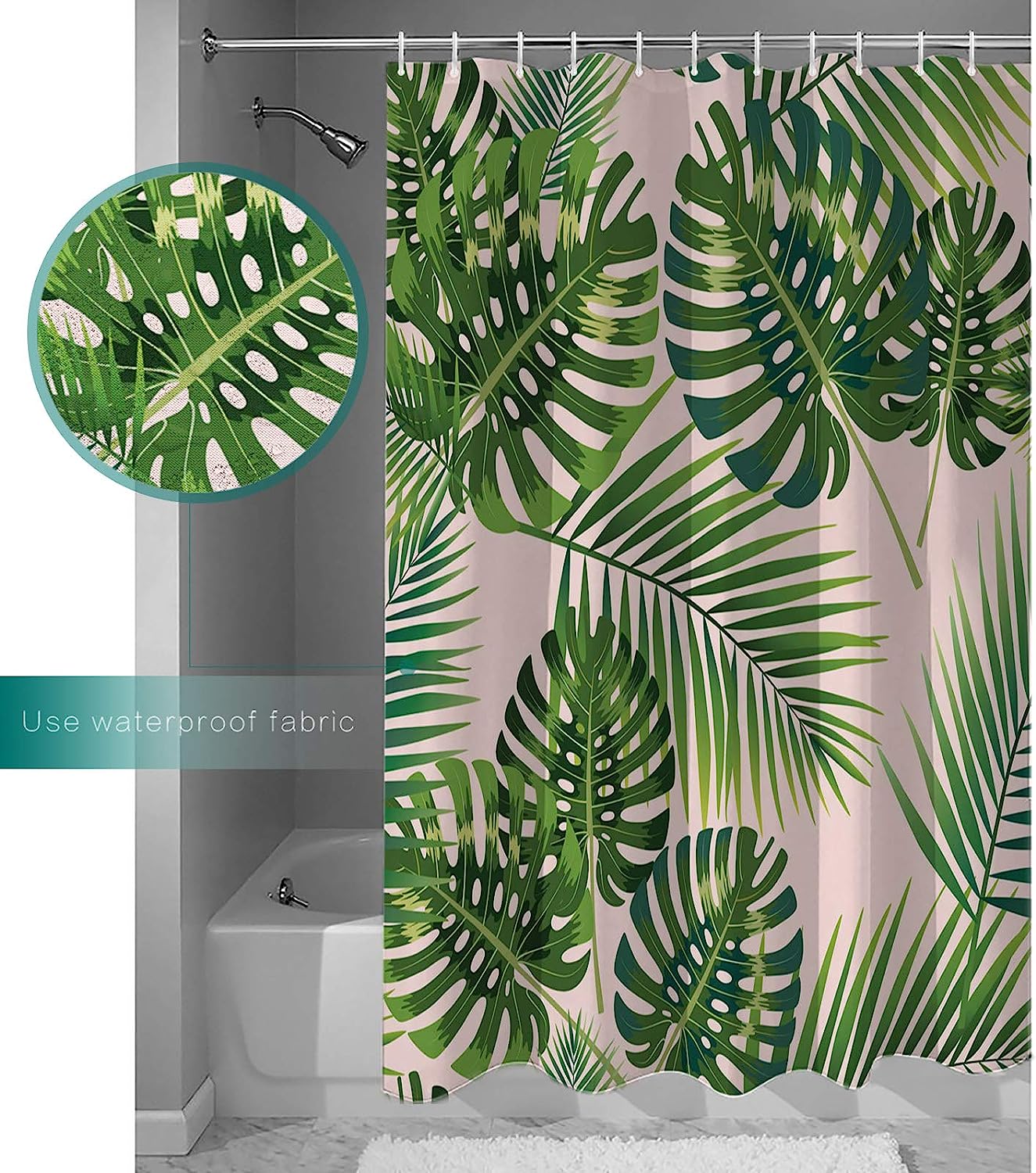 Palm Leaves Print Shower CurtainTropical Bathroom Decor for Women & Kids