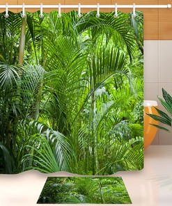 Palm Leaves Shower Curtain and Bathroom Mat: Waterpoof Fabric for Exotic Bathroom Decor