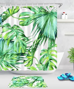 Palm Leaves Tropical Jungle Shower Curtain With Watercolor Design And Waterproof Material
