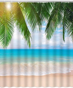 Palm Leaves Tropical Ocean Coastal Green Leaves Shower Curtain for a Relaxing Bathroom