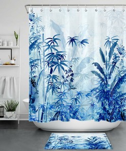 Palm Leaves and Bamboo Shower Curtain for Tropical Bathroom Decor