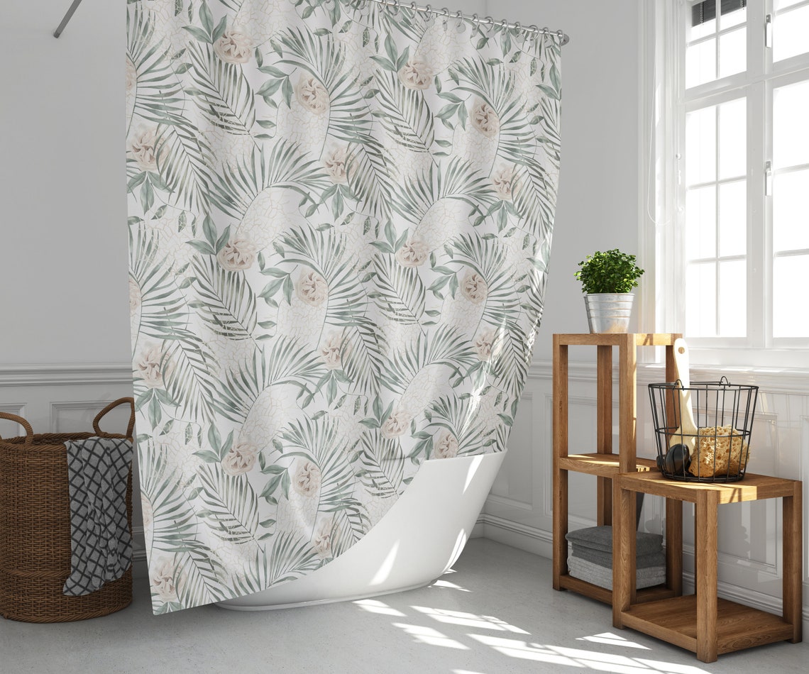 Palm Leaves and Flowers Shower Curtain for Bathroom Decor