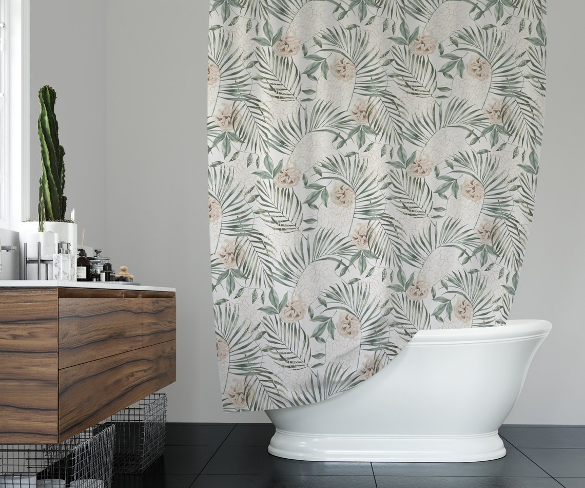 Palm Leaves and Flowers Shower Curtain for Bathroom Decor