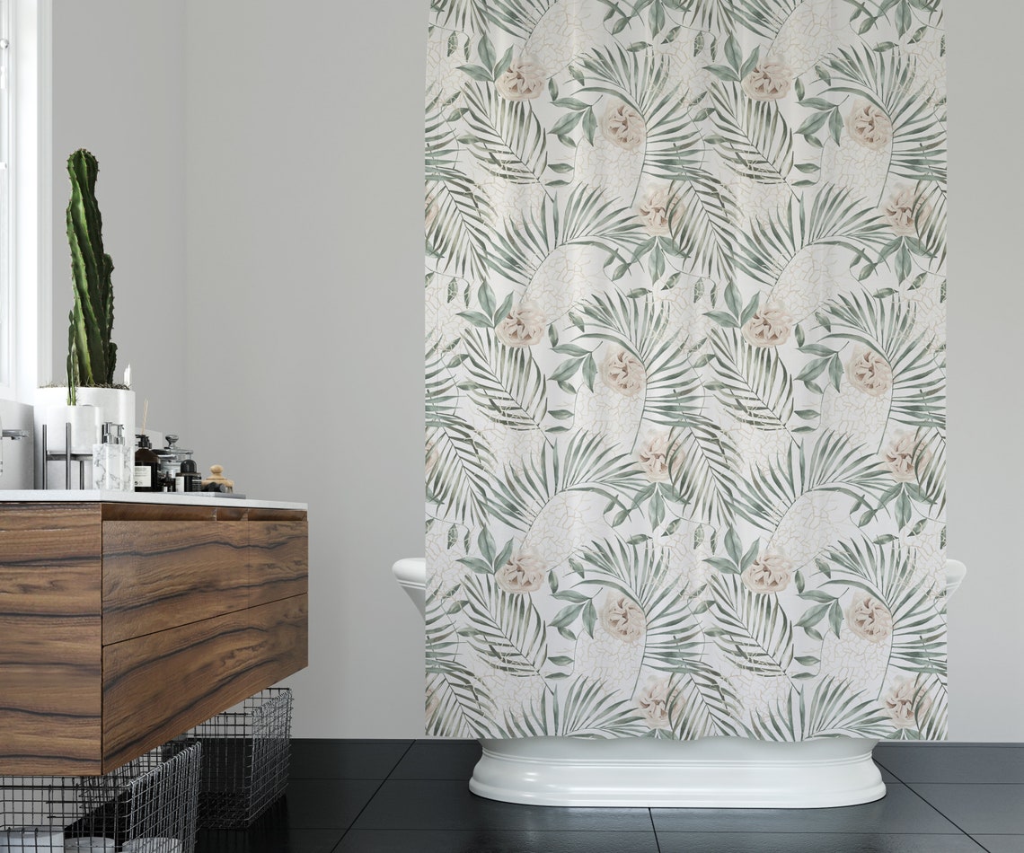 Palm Leaves and Flowers Shower Curtain for Bathroom Decor