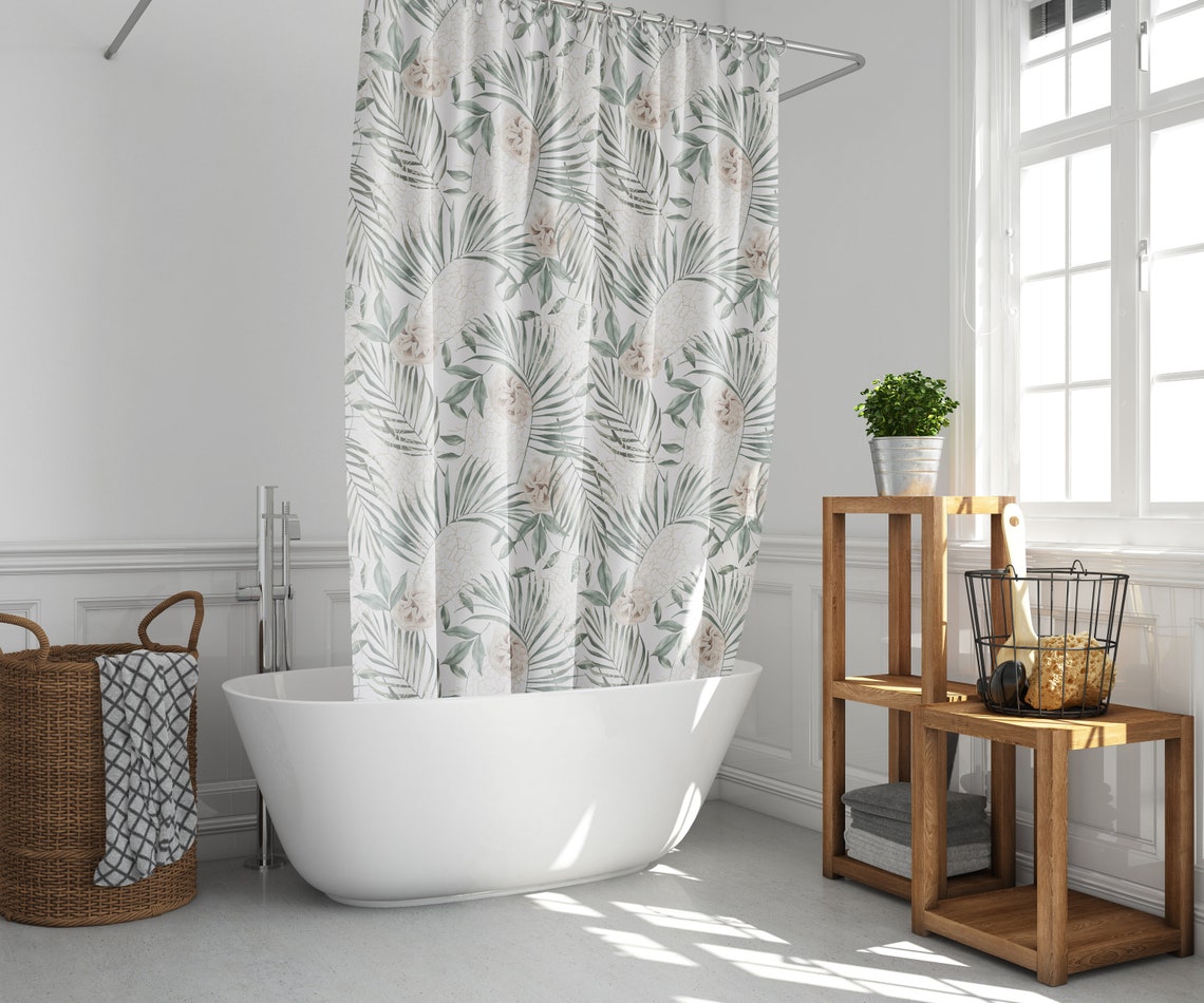 Palm Leaves and Flowers Shower Curtain for Bathroom Decor