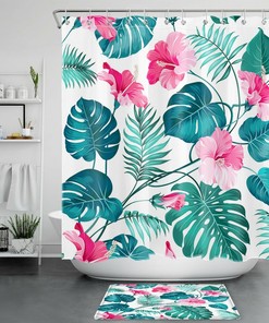 Palm Leaves on Green Shower Curtain