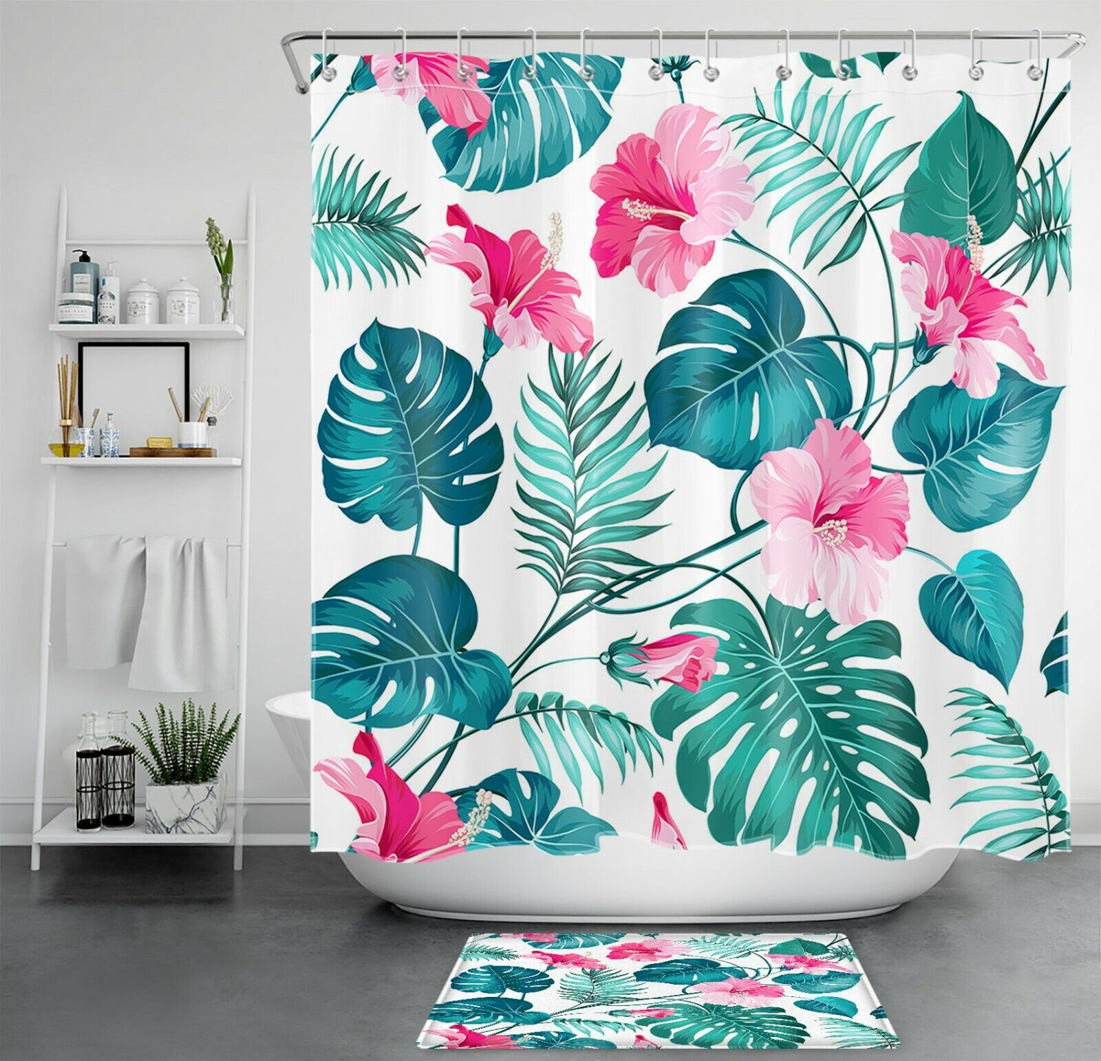 Palm Leaves on Green Shower Curtain