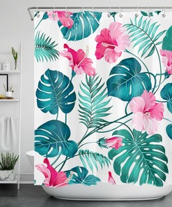 Palm Leaves on Green Shower Curtain