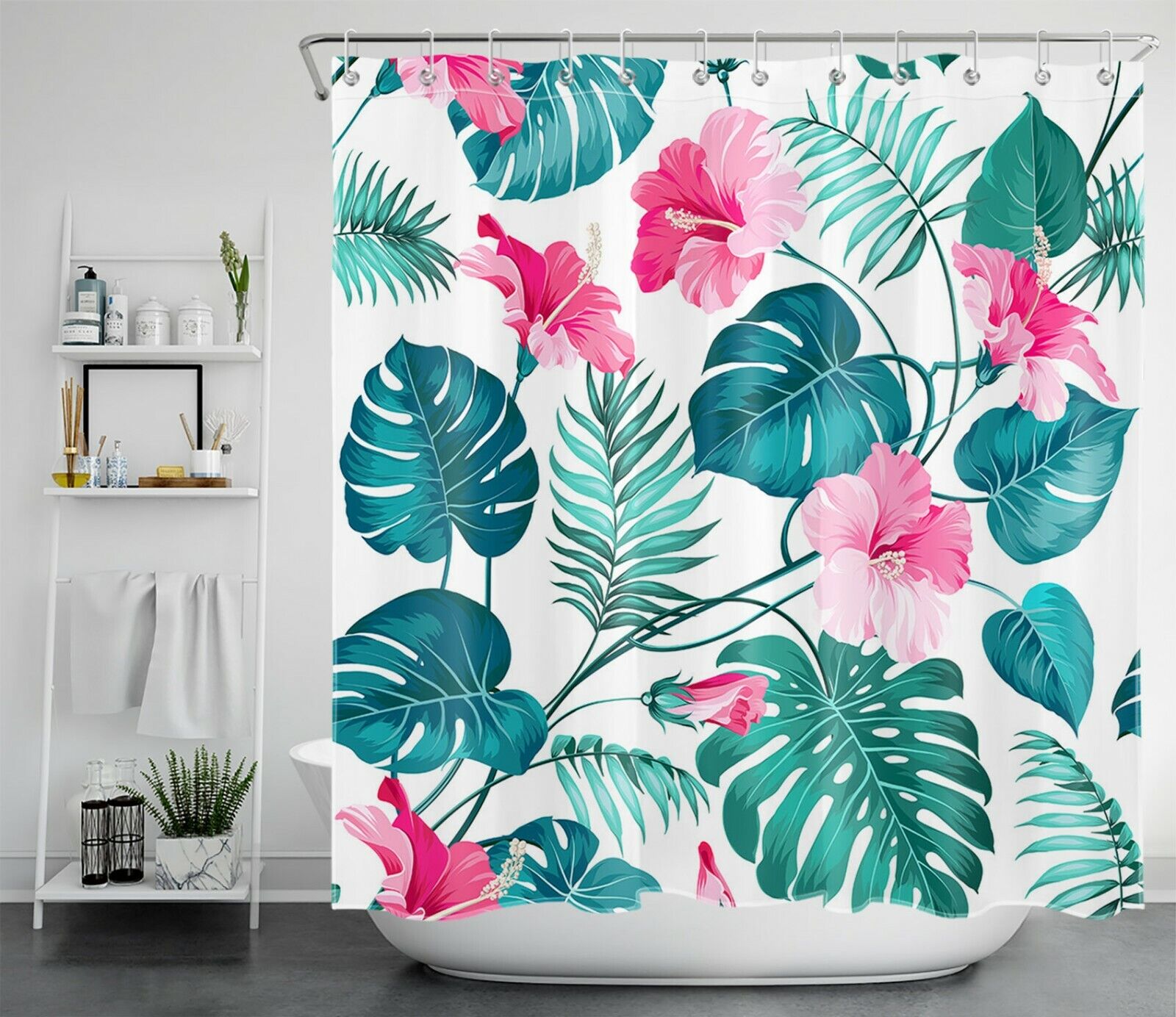 Palm Leaves on Green Shower Curtain