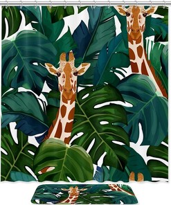 Palm Tree And Giraffe Print Shower Curtain, Waterproof Fabric Bathroom Decor