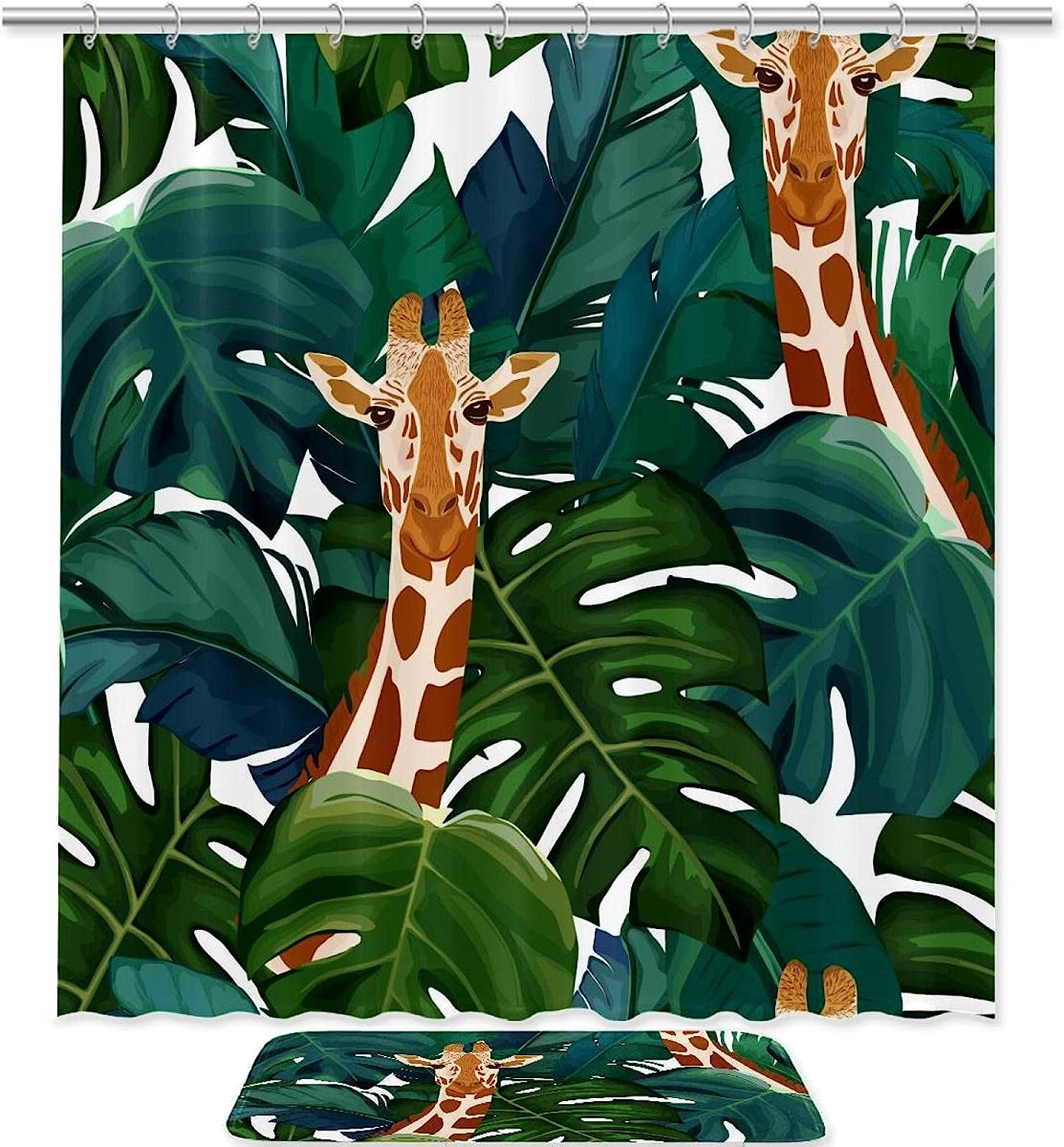 Palm Tree And Giraffe Print Shower Curtain, Waterproof Fabric Bathroom Decor