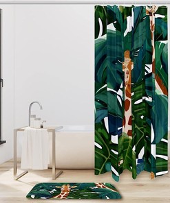 Palm Tree And Giraffe Print Shower Curtain, Waterproof Fabric Bathroom Decor