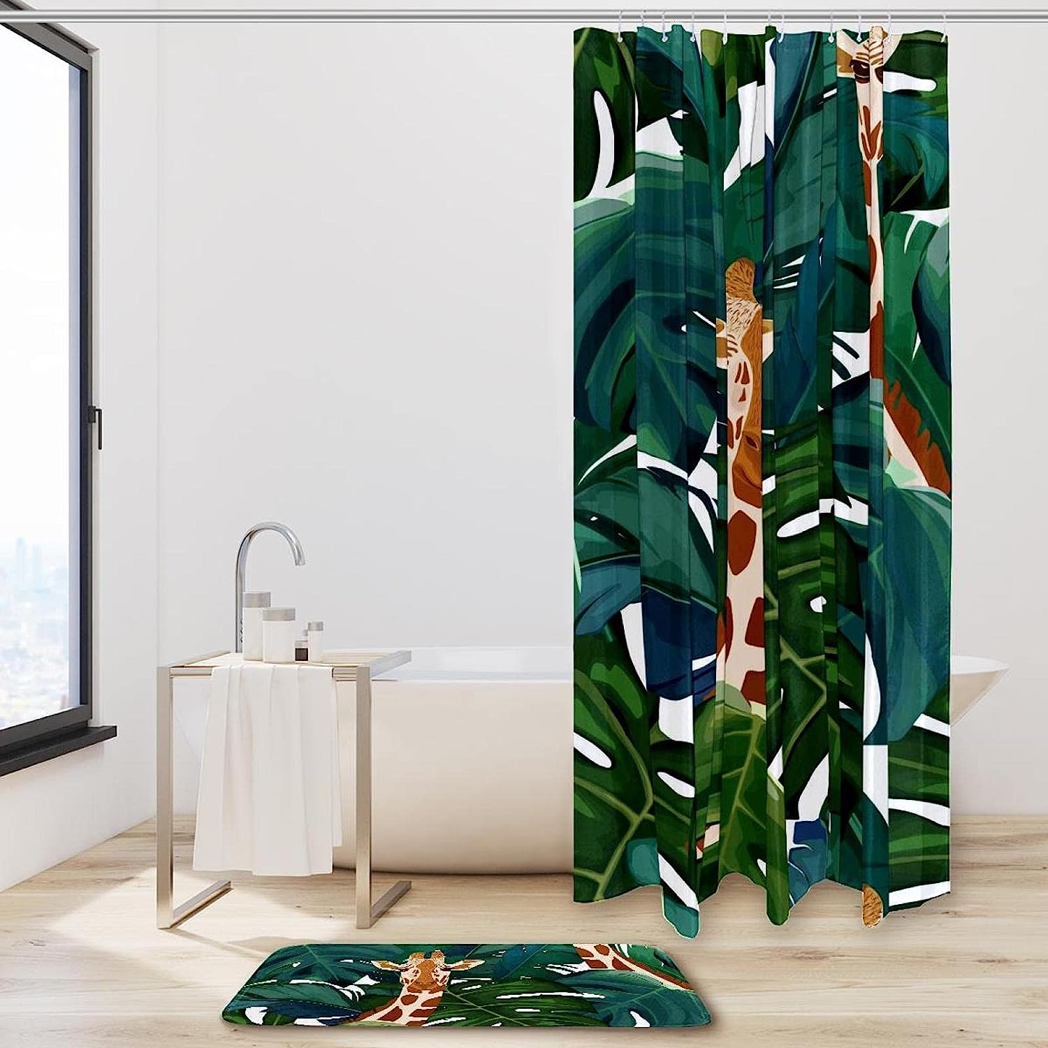 Palm Tree And Giraffe Print Shower Curtain, Waterproof Fabric Bathroom Decor