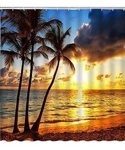 Palm Tree Beach Ocean Sunrise Sky Print Shower Curtain For A Tropical Bathroom Getaway
