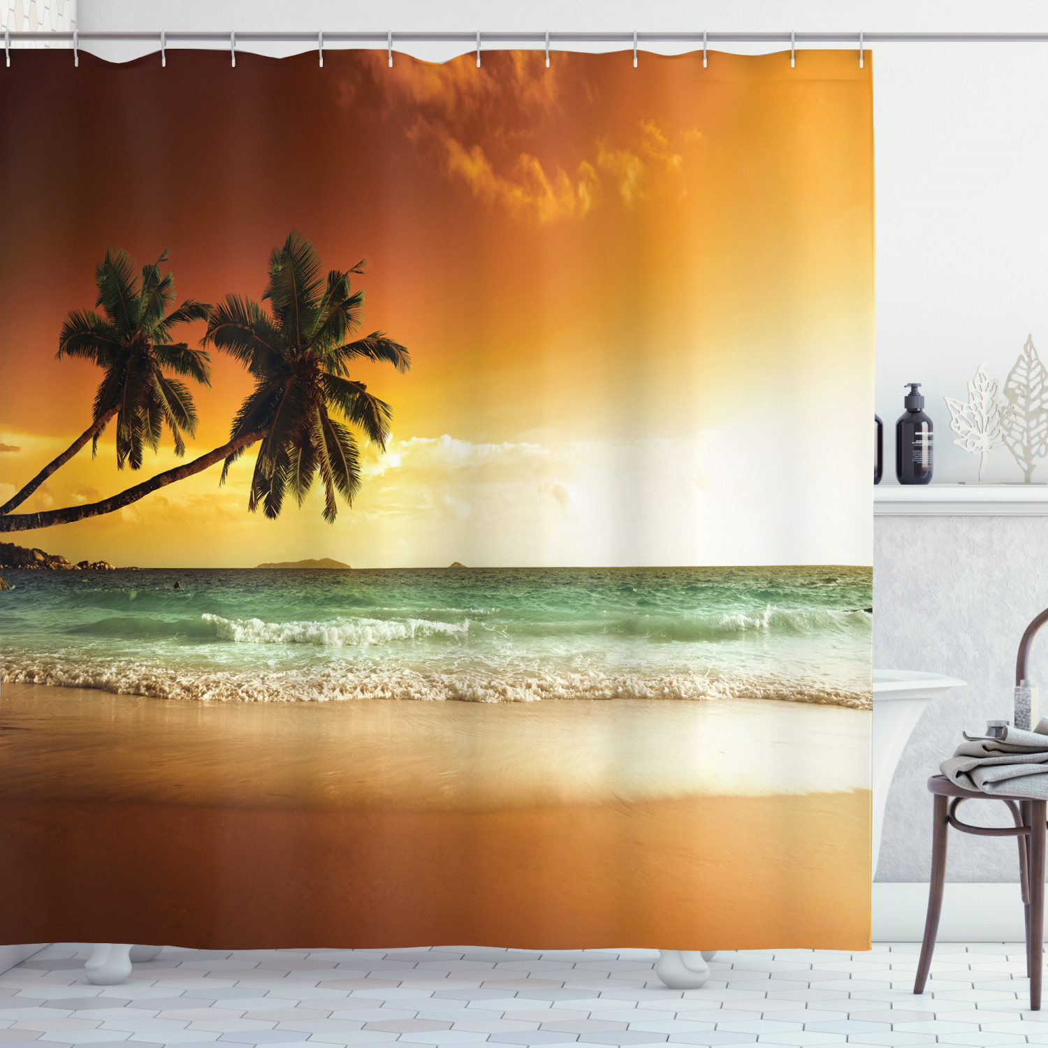 Palm Tree Beach Print Shower Curtain for a Beachy Bathroom