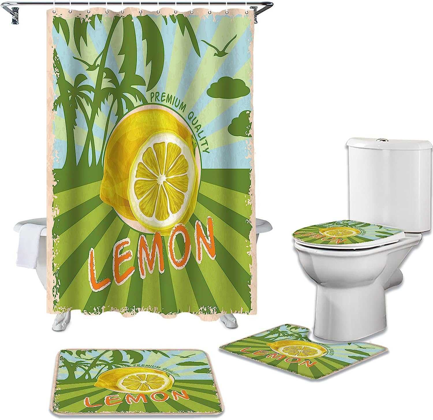 Palm Tree Green Lemon Shower Curtain with Tropical Vibes