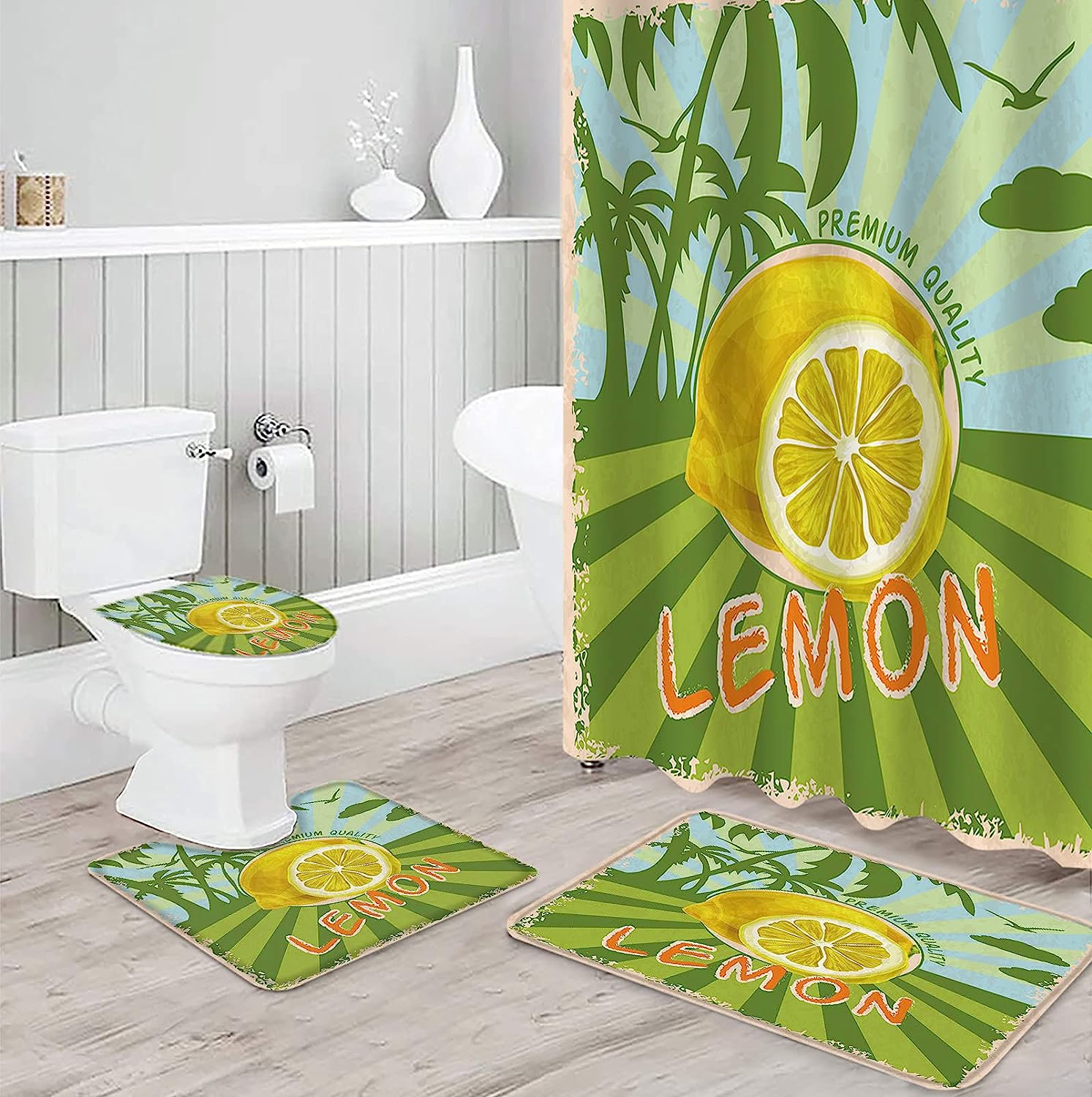 Palm Tree Green Lemon Shower Curtain with Tropical Vibes