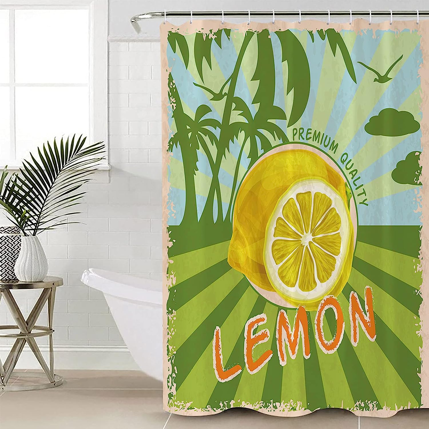 Palm Tree Green Lemon Shower Curtain with Tropical Vibes