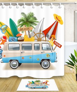 Palm Tree Happy Camper Waterproof Fabric Bathroom Shower Curtain 