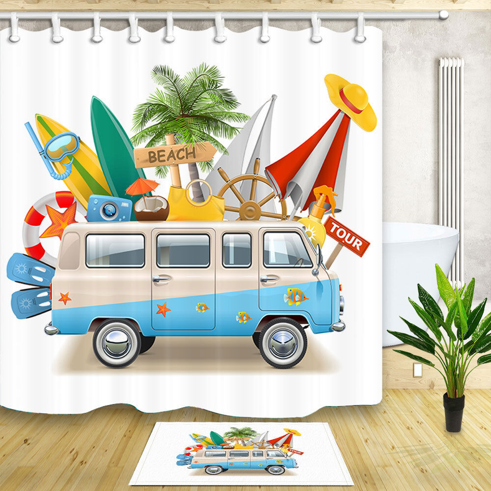 Palm Tree Happy Camper Waterproof Fabric Bathroom Shower Curtain