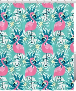 Palm Tree Leaves Flamingo Fabric Shower Curtain for Bathroom Decor