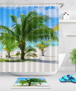 Palm Tree Shower Curtain with Tropical Sea Beach Mat Waterproof Fabric for a Beach Getaway
