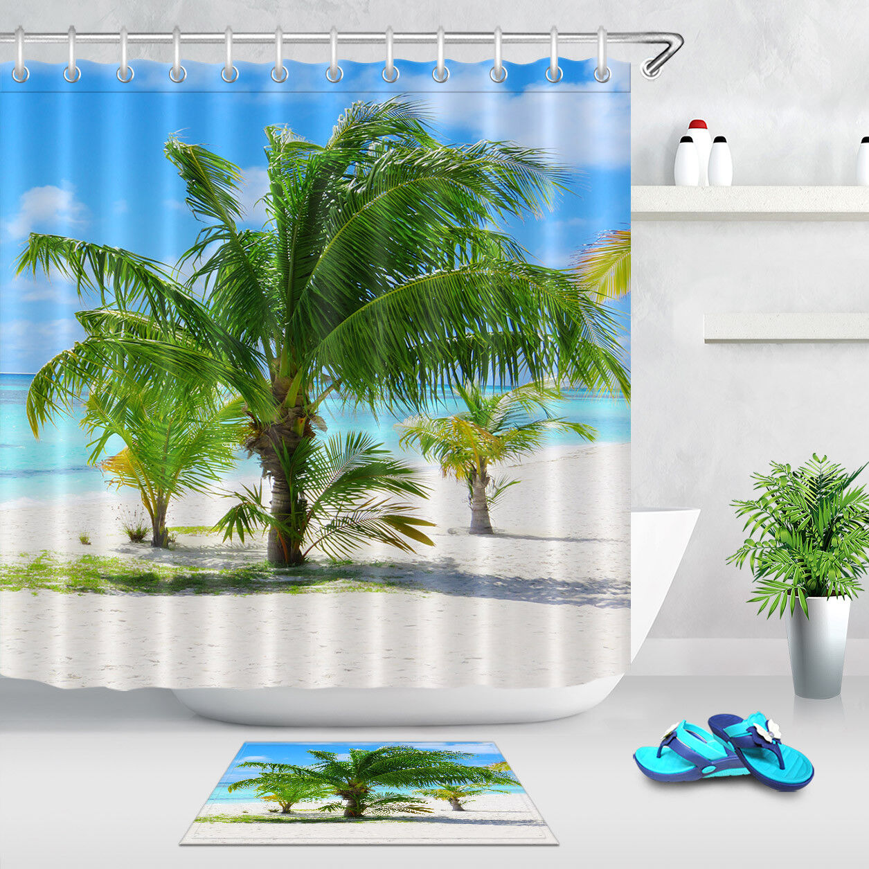 Palm Tree Shower Curtain with Tropical Sea Beach Mat Waterproof Fabric for a Beach Getaway