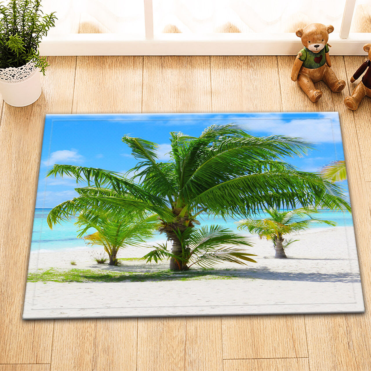 Palm Tree Shower Curtain with Tropical Sea Beach Mat Waterproof Fabric for a Beach Getaway