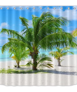Palm Tree Shower Curtain with Tropical Sea Beach Mat Waterproof Fabric for a Beach Getaway