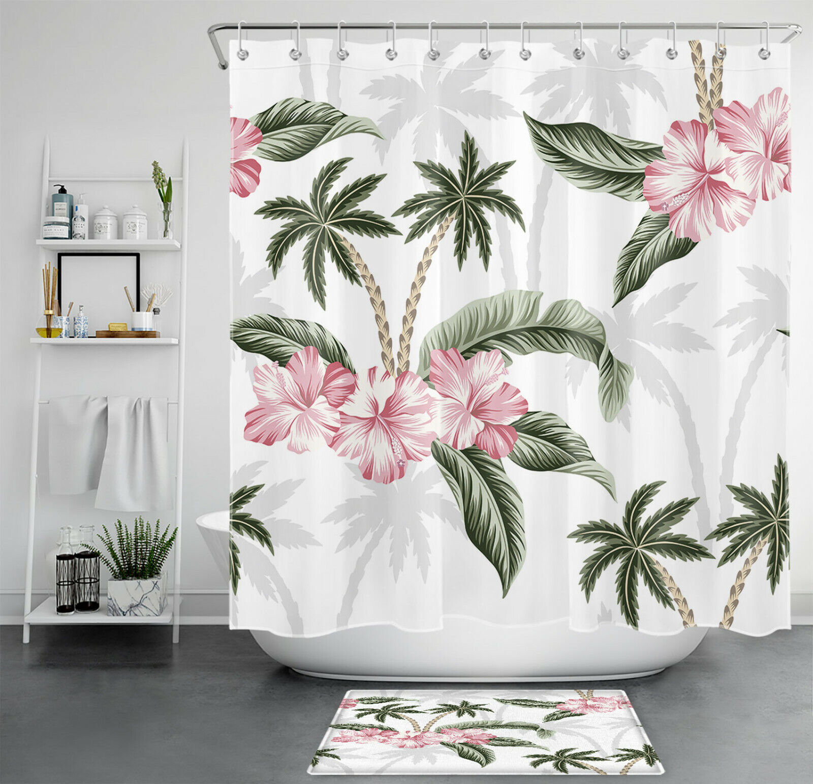 Palm Tree and Banana Leaf Shower Curtain for Summer Bathroom