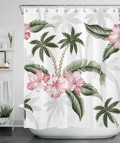 Palm Tree and Banana Leaf Shower Curtain for Summer Bathroom