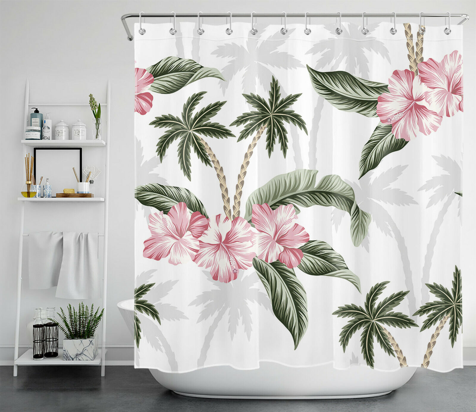 Palm Tree and Banana Leaf Shower Curtain for Summer Bathroom