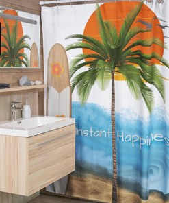 Palm Tree and Surfboard Sunset Tropical Shower Curtain for Instant Happiness and Beach Vibes in Bathroom