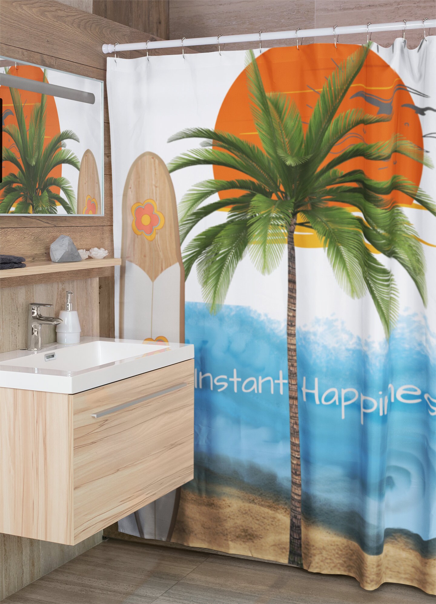 Palm Tree and Surfboard Sunset Tropical Shower Curtain for Instant Happiness and Beach Vibes in Bathroom