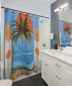 Palm Tree and Surfboard Sunset Tropical Shower Curtain for Instant Happiness and Beach Vibes in Bathroom